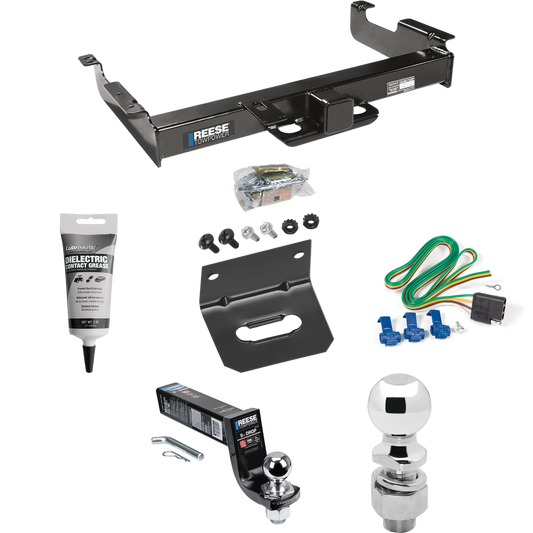 Fits 1996-1999 Chevrolet Express 2500 Trailer Hitch Tow PKG w/ 4-Flat Wiring Harness + Interlock Ball Mount Starter Kit 5" Drop w/ 2" Ball + 2-5/16" Ball + Wiring Bracket + Electric Grease By Reese Towpower