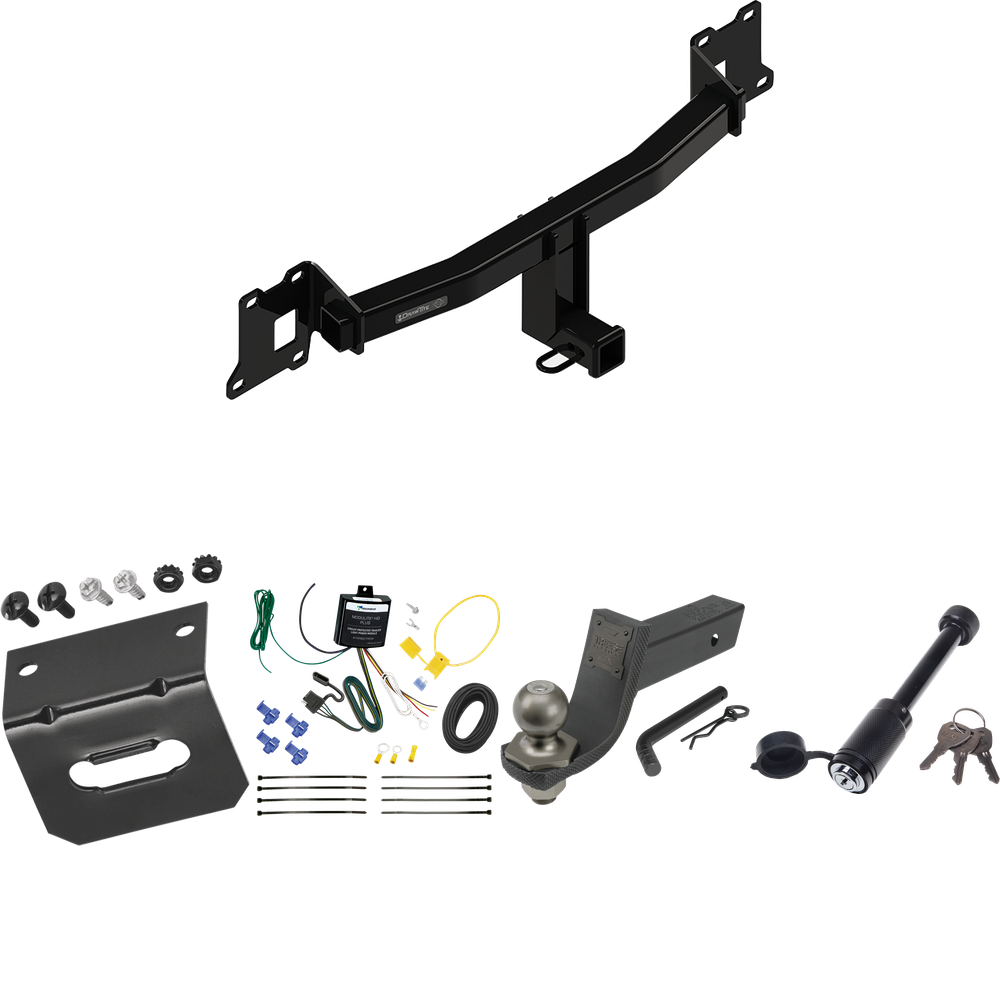 Se adapta al paquete de enganche de remolque Land Rover Range Rover Evoque 2020-2021 con cableado de 4 planos + kit de inicio táctico de enclavamiento con caída de 3-1/4" y bola de 2" + bloqueo táctico de hueso de perro + soporte de cableado de Draw-Tite