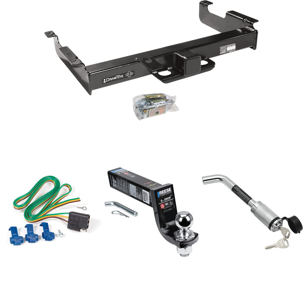 Fits 1996-1999 Chevrolet Express 3500 Trailer Hitch Tow PKG w/ 4-Flat Wiring Harness + Interlock Ball Mount Starter Kit 5" Drop w/ 2" Ball + Hitch Lock By Draw-Tite