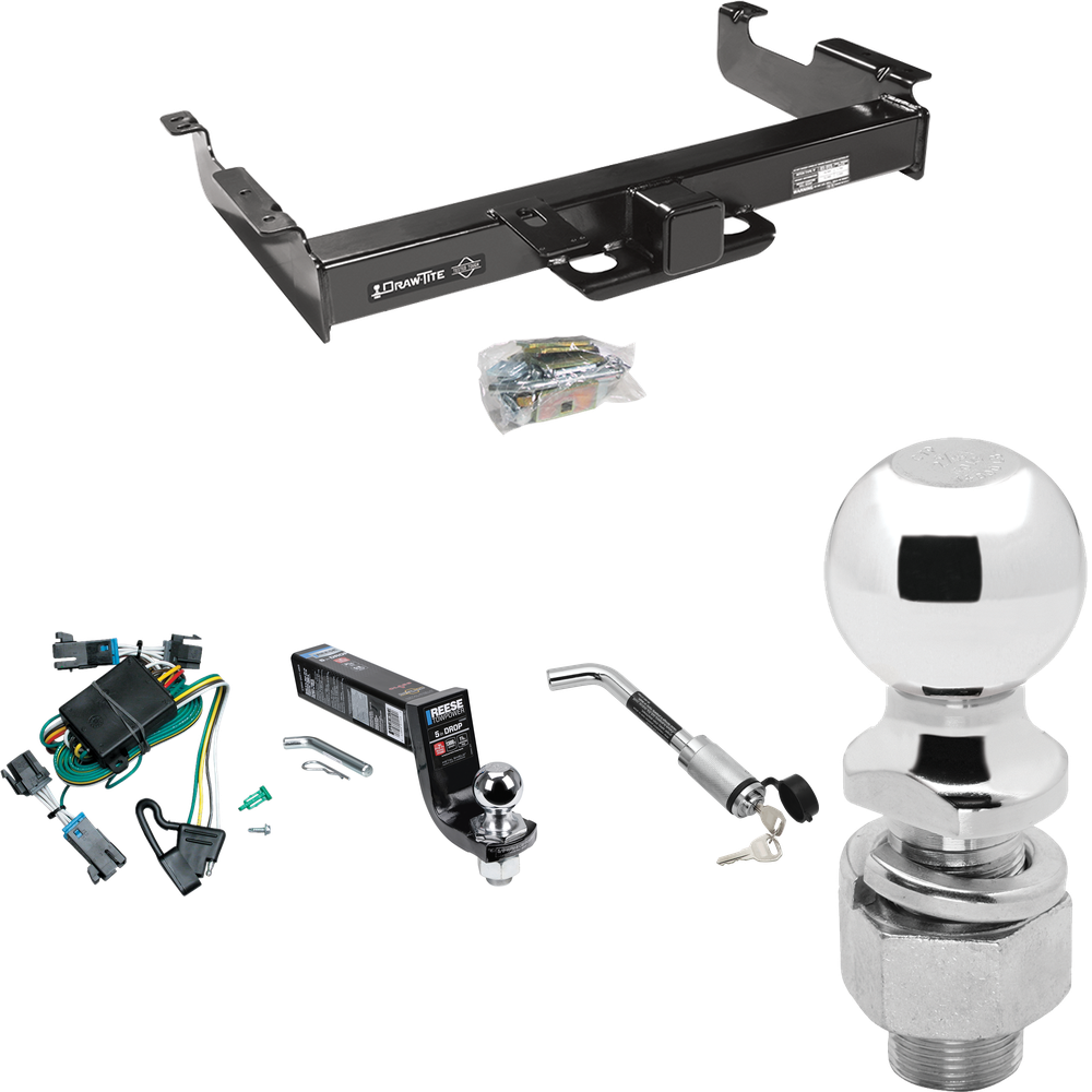 Fits 2000-2002 GMC Savana 3500 Trailer Hitch Tow PKG w/ 4-Flat Wiring Harness + Interlock Ball Mount Starter Kit 5" Drop w/ 2" Ball + Hitch Lock + 2-5/16" Ball + Hitch Lock By Draw-Tite