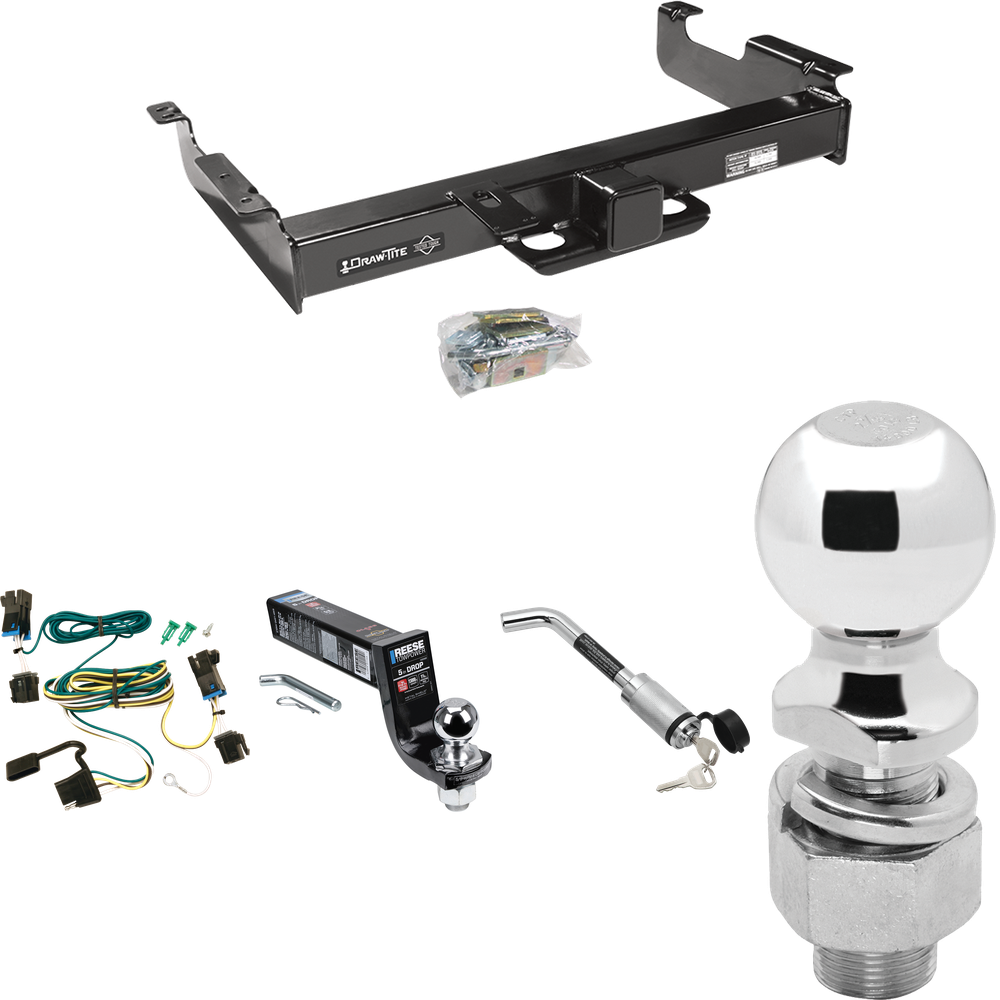 Fits 2003-2023 Chevrolet Express 2500 Trailer Hitch Tow PKG w/ 4-Flat Wiring Harness + Interlock Ball Mount Starter Kit 5" Drop w/ 2" Ball + Hitch Lock + 2-5/16" Ball + Hitch Lock By Draw-Tite