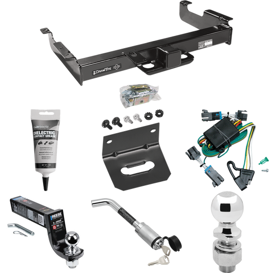 Fits 2000-2002 Chevrolet Express 3500 Trailer Hitch Tow PKG w/ 4-Flat Wiring Harness + Interlock Ball Mount Starter Kit 5" Drop w/ 2" Ball + Hitch Lock + 2-5/16" Ball + Hitch Lock + Wiring Bracket + Electric Grease By Draw-Tite