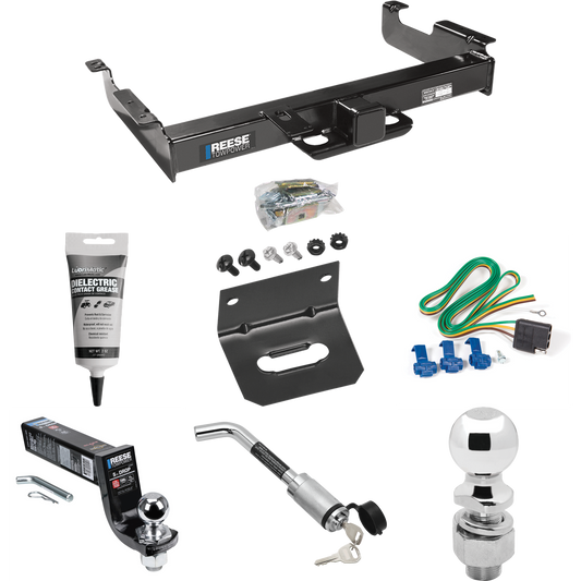 Fits 1996-1999 GMC Savana 2500 Trailer Hitch Tow PKG w/ 4-Flat Wiring Harness + Interlock Ball Mount Starter Kit 5" Drop w/ 2" Ball + Hitch Lock + 2-5/16" Ball + Hitch Lock + Wiring Bracket + Electric Grease By Reese Towpower