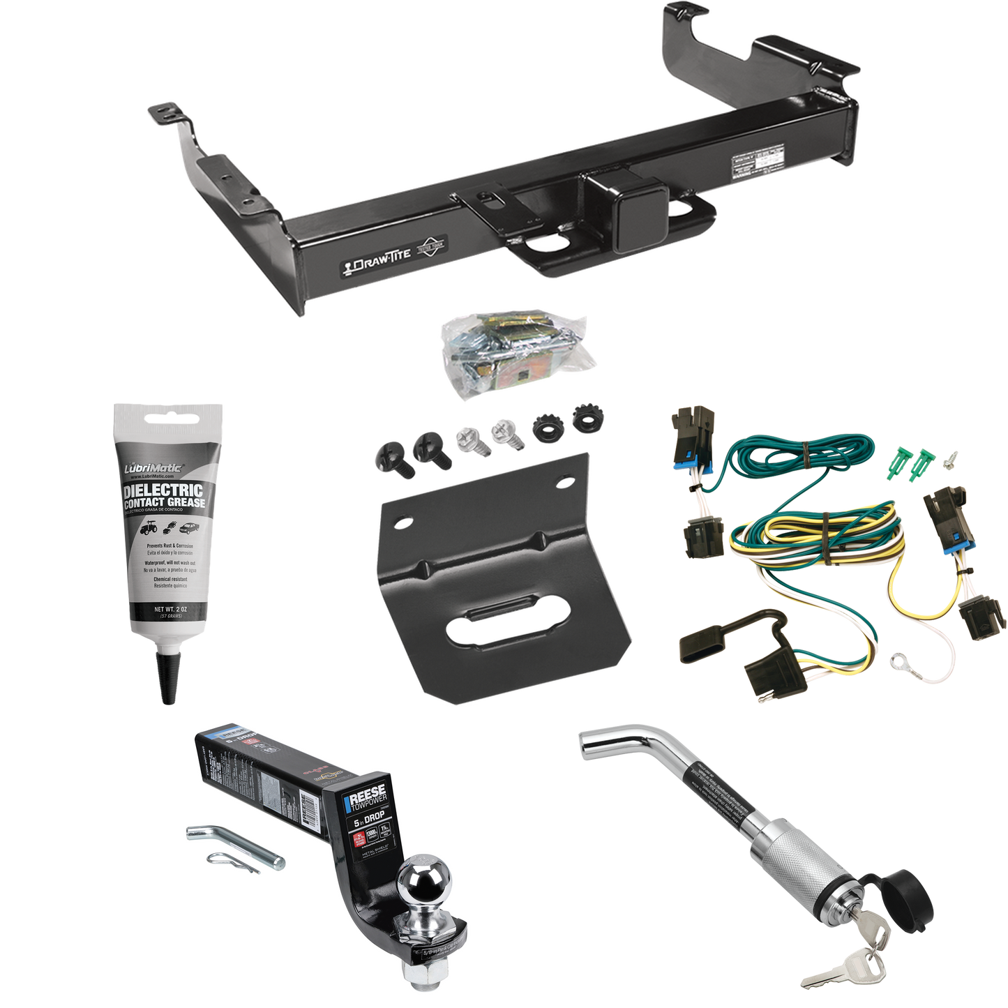 Fits 2003-2023 Chevrolet Express 2500 Trailer Hitch Tow PKG w/ 4-Flat Wiring Harness + Interlock Ball Mount Starter Kit 5" Drop w/ 2" Ball + Hitch Lock + Wiring Bracket + Electric Grease By Draw-Tite