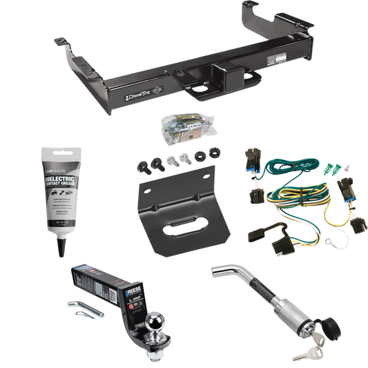 Fits 2003-2023 Chevrolet Express 2500 Trailer Hitch Tow PKG w/ 4-Flat Wiring Harness + Interlock Ball Mount Starter Kit 5" Drop w/ 2" Ball + Hitch Lock + Wiring Bracket + Electric Grease By Draw-Tite