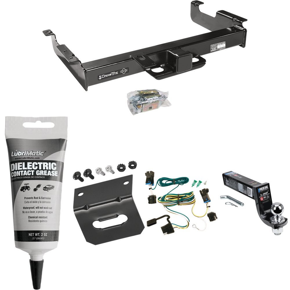 Se adapta al paquete de remolque con enganche de remolque Chevrolet Express 3500 2003-2023 con arnés de cableado de 4 planos + kit de inicio de montaje de bola de bloqueo de 5" de caída con bola de 2" + soporte de cableado + grasa eléctrica de Draw-Tite