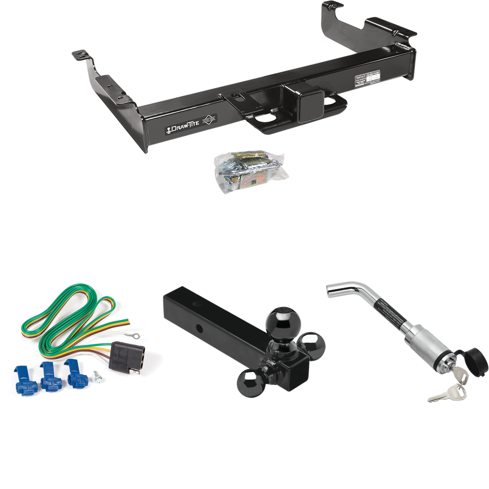 Fits 1996-1999 Chevrolet Express 3500 Trailer Hitch Tow PKG w/ 4-Flat Wiring Harness + Triple Ball Ball Mount 1-7/8" & 2" & 2-5/16" Trailer Balls + Hitch Lock By Draw-Tite