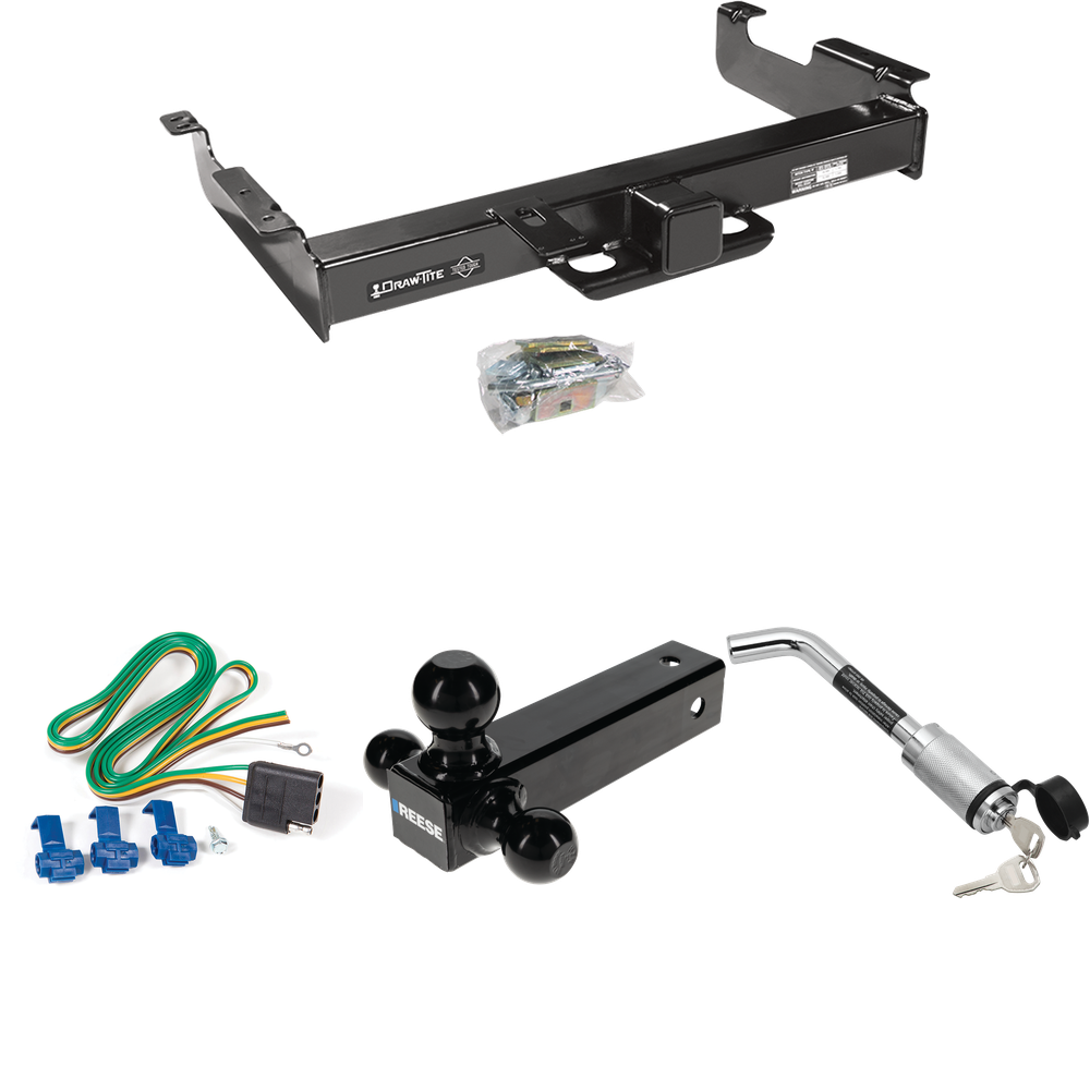 Fits 1996-1999 Chevrolet Express 3500 Trailer Hitch Tow PKG w/ 4-Flat Wiring Harness + Triple Ball Ball Mount 1-7/8" & 2" & 2-5/16" Trailer Balls + Hitch Lock By Draw-Tite