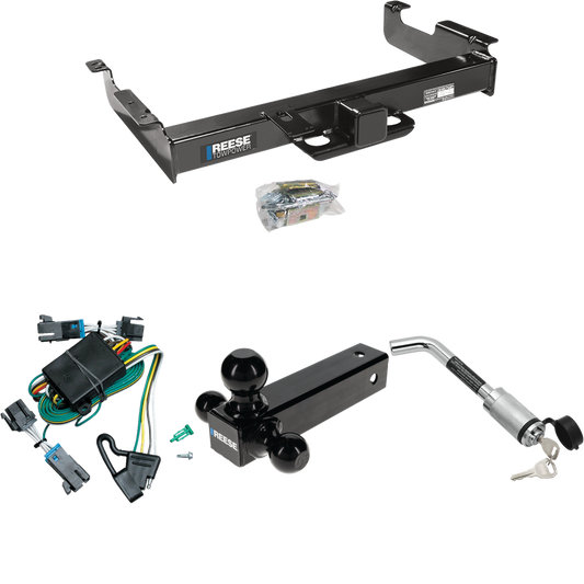 Fits 2000-2002 Chevrolet Express 3500 Trailer Hitch Tow PKG w/ 4-Flat Wiring Harness + Triple Ball Ball Mount 1-7/8" & 2" & 2-5/16" Trailer Balls + Hitch Lock By Reese Towpower