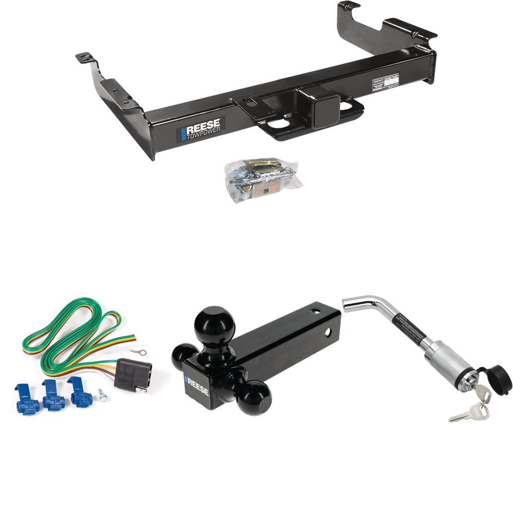 Fits 1996-1999 Chevrolet Express 3500 Trailer Hitch Tow PKG w/ 4-Flat Wiring Harness + Triple Ball Ball Mount 1-7/8" & 2" & 2-5/16" Trailer Balls + Hitch Lock By Reese Towpower