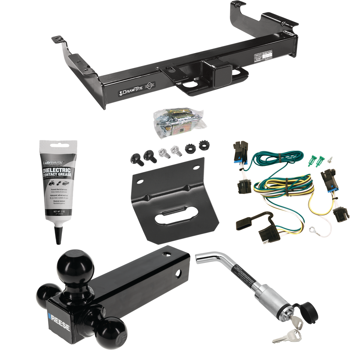 Fits 2003-2023 GMC Savana 2500 Trailer Hitch Tow PKG w/ 4-Flat Wiring Harness + Triple Ball Ball Mount 1-7/8" & 2" & 2-5/16" Trailer Balls + Hitch Lock + Wiring Bracket + Electric Grease By Draw-Tite