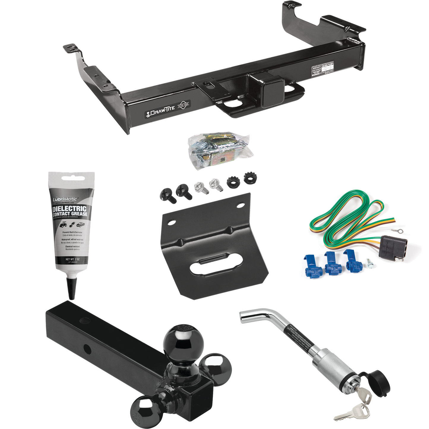 Fits 1996-1999 GMC Savana 2500 Trailer Hitch Tow PKG w/ 4-Flat Wiring Harness + Triple Ball Ball Mount 1-7/8" & 2" & 2-5/16" Trailer Balls + Hitch Lock + Wiring Bracket + Electric Grease By Draw-Tite