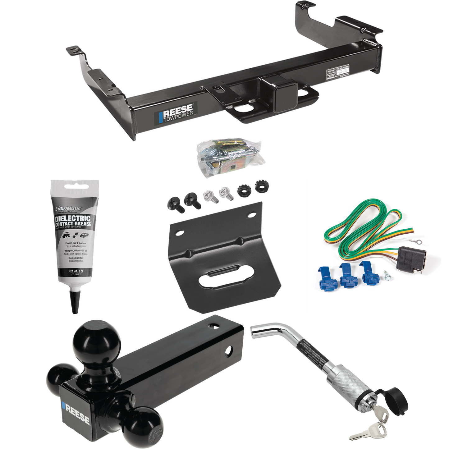 Fits 1996-1999 GMC Savana 3500 Trailer Hitch Tow PKG w/ 4-Flat Wiring Harness + Triple Ball Ball Mount 1-7/8" & 2" & 2-5/16" Trailer Balls + Hitch Lock + Wiring Bracket + Electric Grease By Reese Towpower