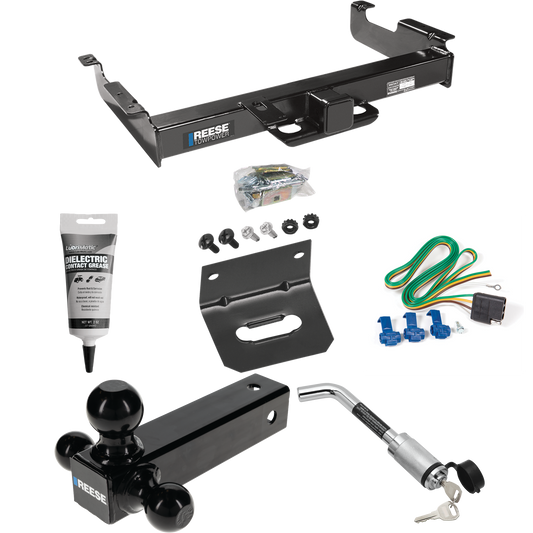 Fits 1996-1999 GMC Savana 3500 Trailer Hitch Tow PKG w/ 4-Flat Wiring Harness + Triple Ball Ball Mount 1-7/8" & 2" & 2-5/16" Trailer Balls + Hitch Lock + Wiring Bracket + Electric Grease By Reese Towpower