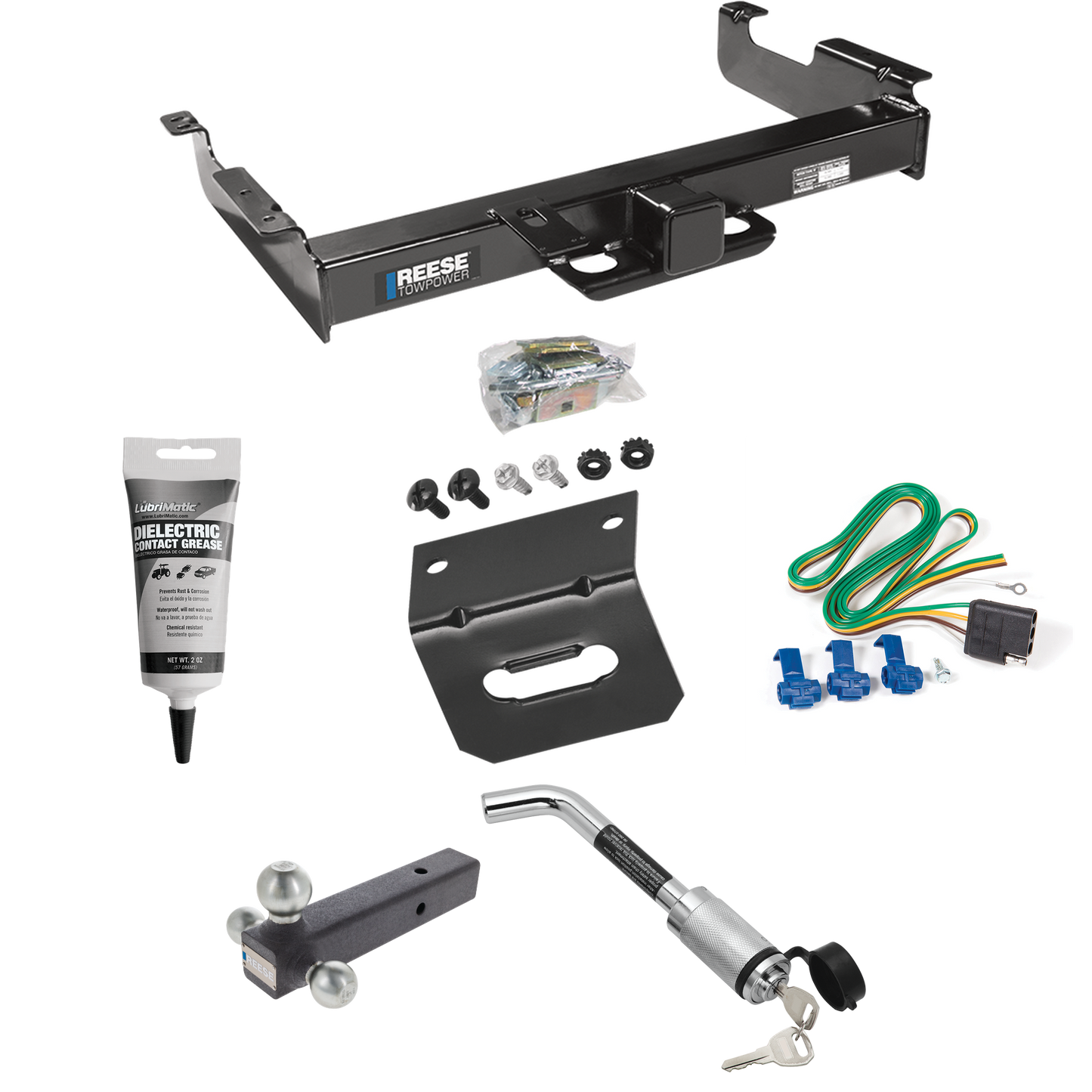 Fits 1996-1999 GMC Savana 2500 Trailer Hitch Tow PKG w/ 4-Flat Wiring Harness + Triple Ball Ball Mount 1-7/8" & 2" & 2-5/16" Trailer Balls + Hitch Lock + Wiring Bracket + Electric Grease By Reese Towpower