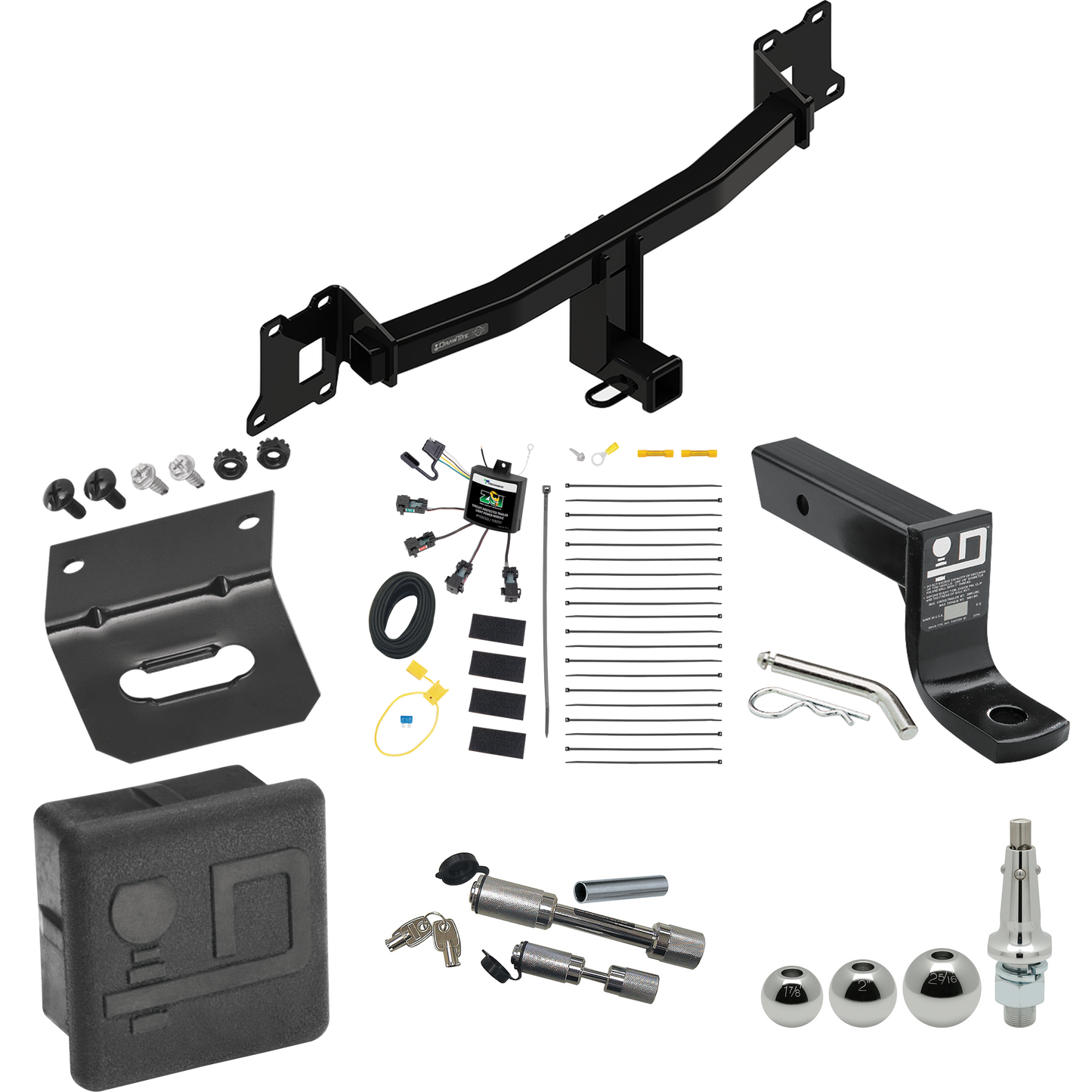 Fits 2020-2021 Land Rover Range Rover Evoque Trailer Hitch Tow PKG w/ 4-Flat Zero Contact "No Splice" Wiring + Ball Mount w/ 4" Drop + Interchangeable Ball 1-7/8" & 2" & 2-5/16" + Wiring Bracket + Dual Hitch & Coupler Locks + Hitch Cover By Draw-Tite