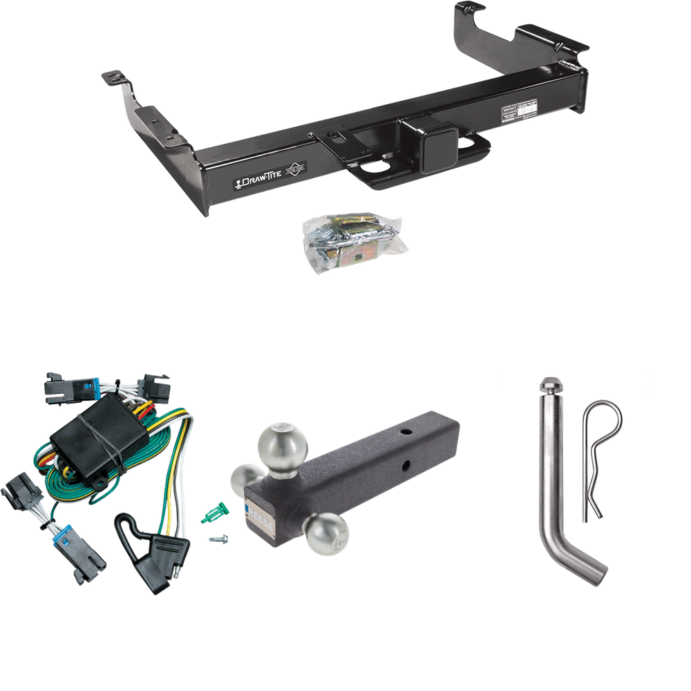 Fits 2000-2002 GMC Savana 3500 Trailer Hitch Tow PKG w/ 4-Flat Wiring Harness + Triple Ball Ball Mount 1-7/8" & 2" & 2-5/16" Trailer Balls + Pin/Clip By Draw-Tite