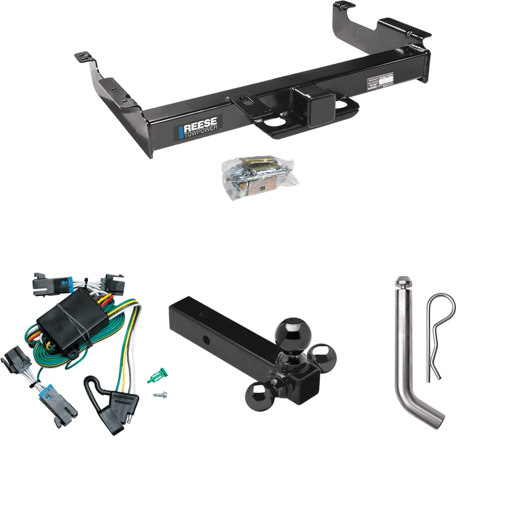 Fits 2000-2002 Chevrolet Express 2500 Trailer Hitch Tow PKG w/ 4-Flat Wiring Harness + Triple Ball Ball Mount 1-7/8" & 2" & 2-5/16" Trailer Balls + Pin/Clip By Reese Towpower