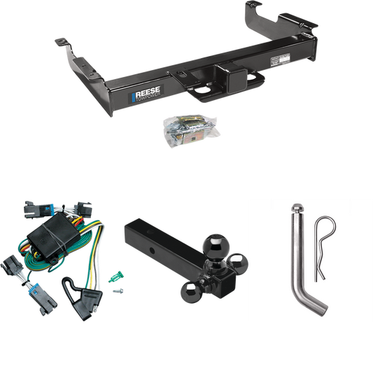 Fits 2000-2002 Chevrolet Express 2500 Trailer Hitch Tow PKG w/ 4-Flat Wiring Harness + Triple Ball Ball Mount 1-7/8" & 2" & 2-5/16" Trailer Balls + Pin/Clip By Reese Towpower