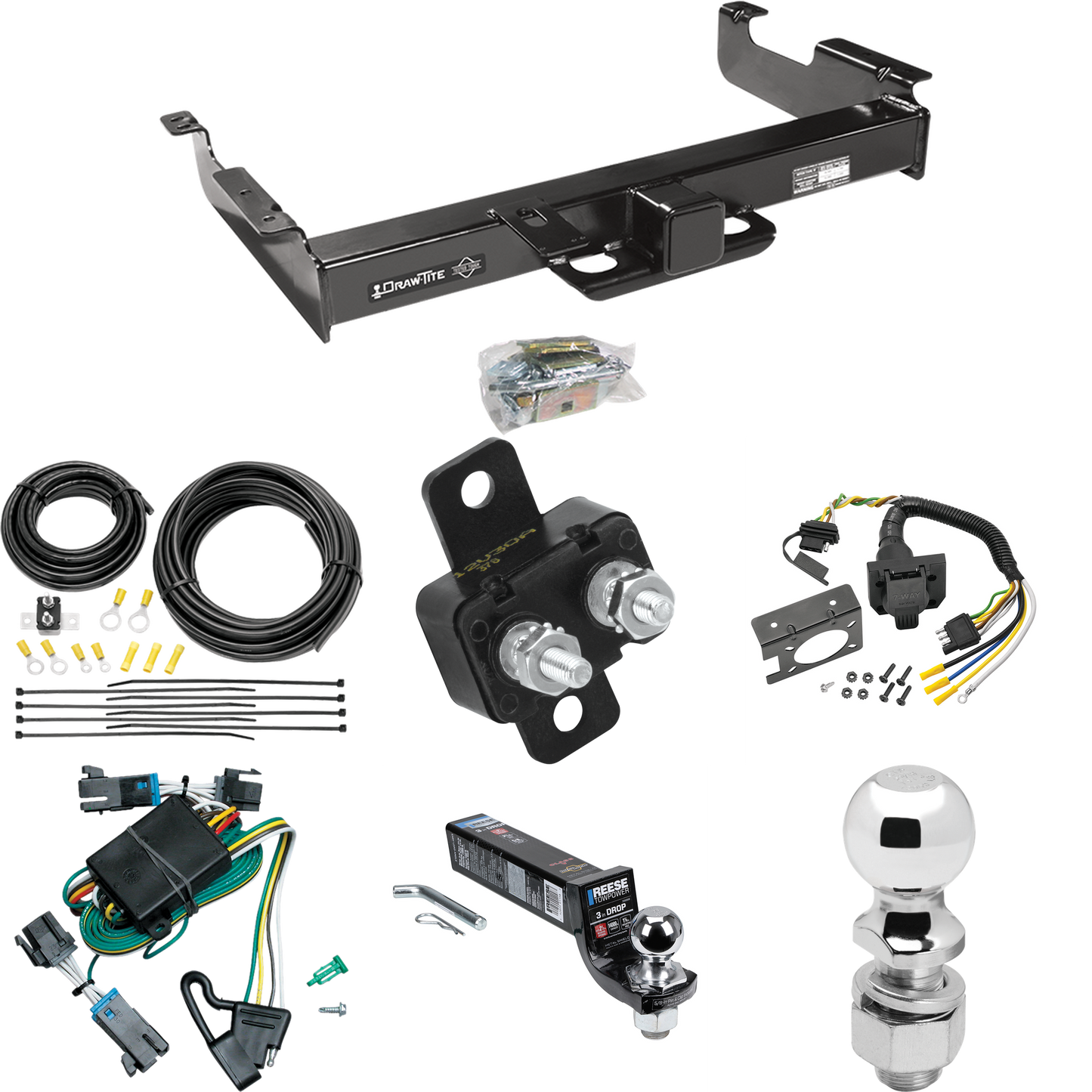 Fits 2000-2002 Chevrolet Express 3500 Trailer Hitch Tow PKG w/ 7-Way RV Wiring + 2" & 2-5/16" Ball + Drop Mount By Draw-Tite