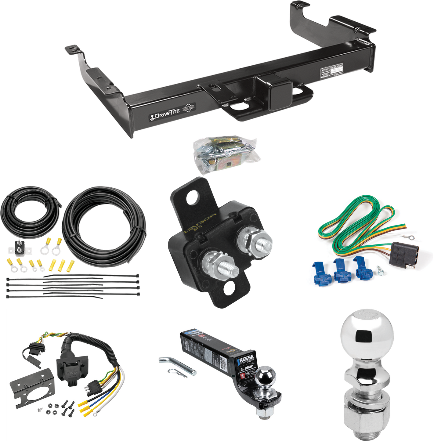 Se adapta al paquete de enganche de remolque GMC Savana 3500 1996-1999 con cableado RV de 7 vías + bola de 2" y 2-5/16" + soporte de caída de Draw-Tite