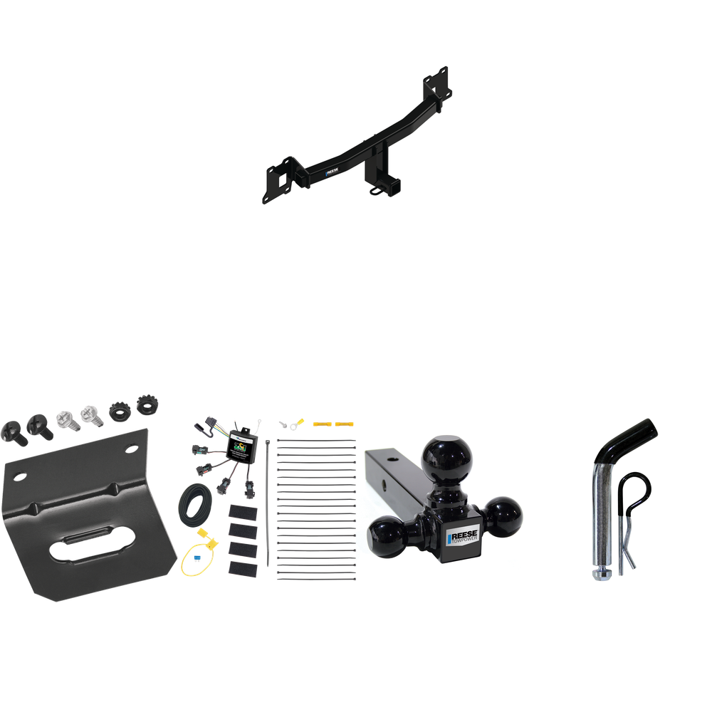 Fits 2020-2021 Land Rover Range Rover Evoque Trailer Hitch Tow PKG w/ 4-Flat Zero Contact "No Splice" Wiring Harness + Triple Ball Ball Mount 1-7/8" & 2" & 2-5/16" Trailer Balls + Pin/Clip + Wiring Bracket By Reese Towpower