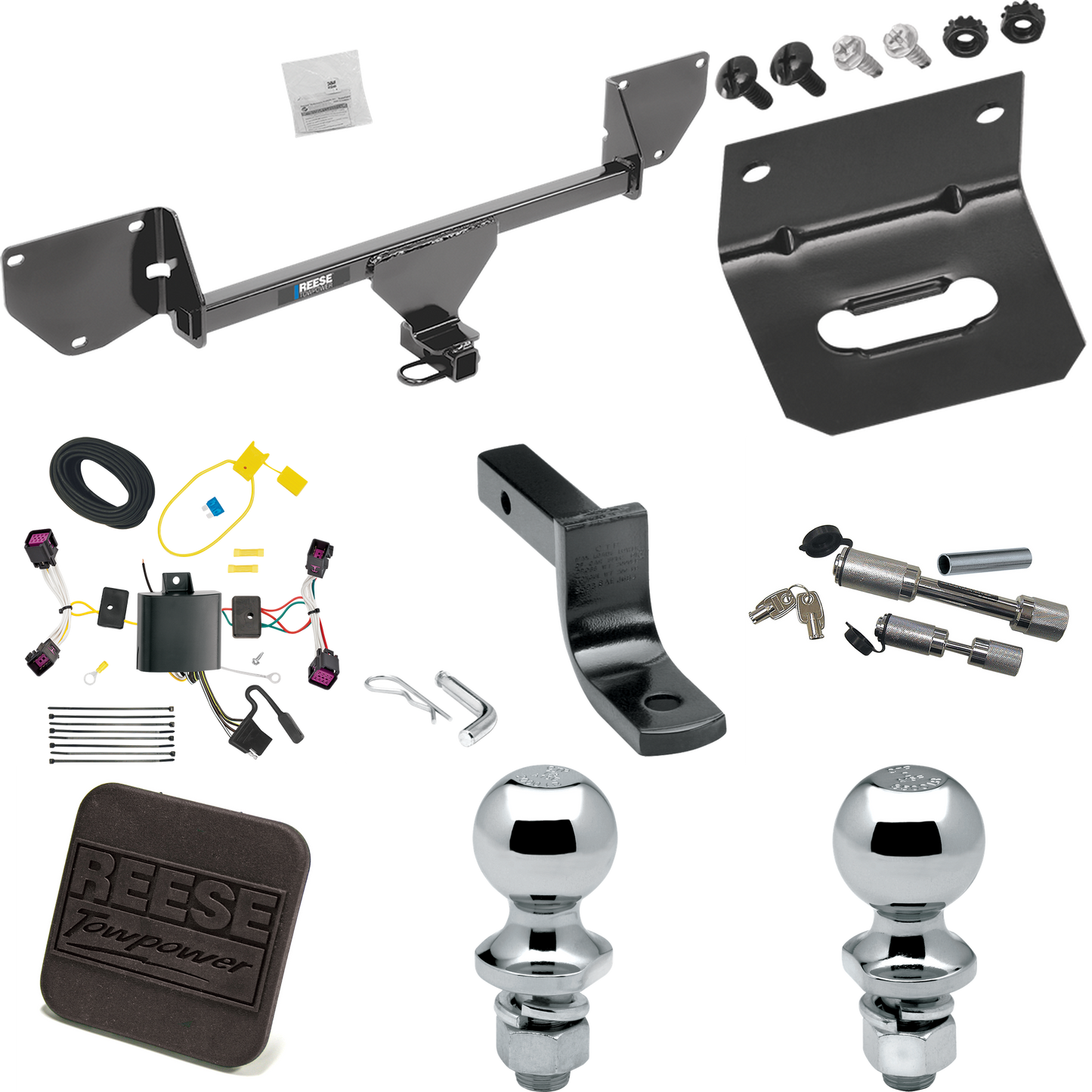 Fits 2016-2022 Chevrolet Spark Trailer Hitch Tow PKG w/ 4-Flat Wiring Harness + Draw-Bar + 1-7/8" + 2" Ball + Wiring Bracket + Hitch Cover + Dual Hitch & Coupler Locks By Reese Towpower