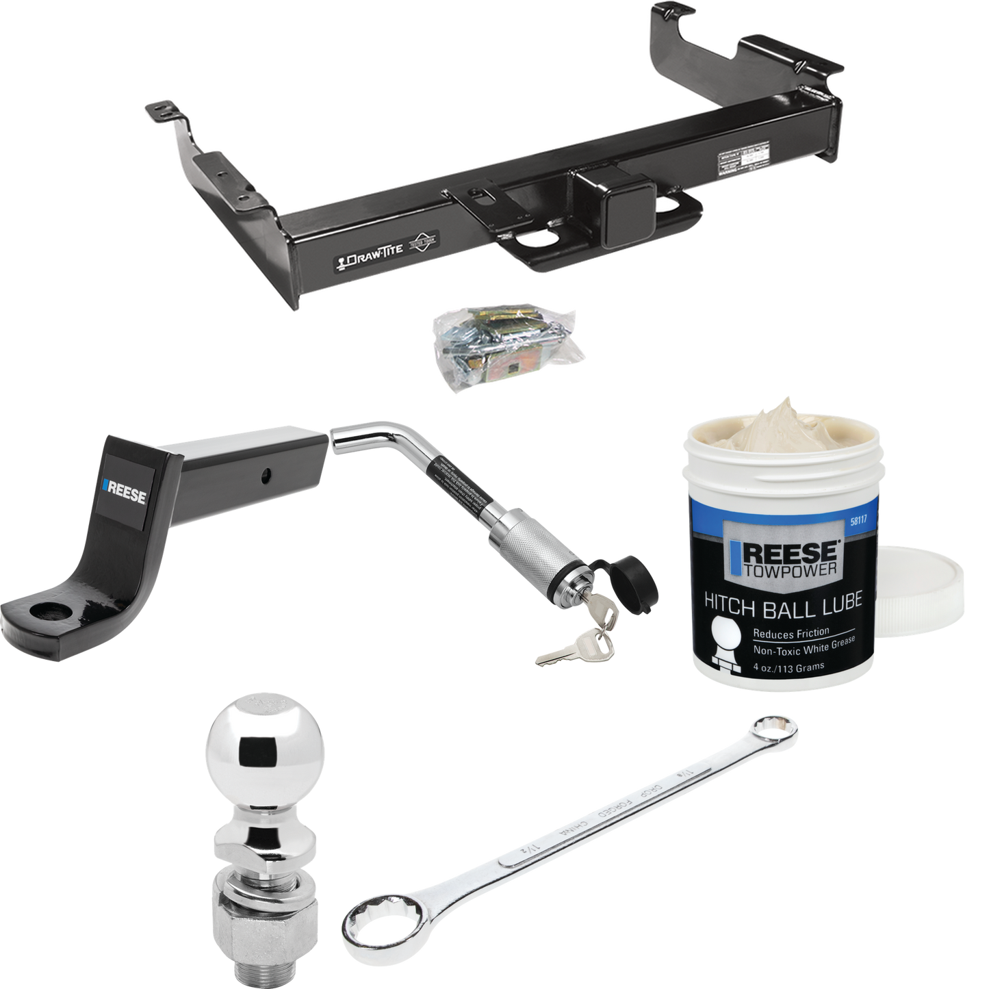 Fits 1996-2023 Chevrolet Express 2500 Trailer Hitch Tow PKG w/ Ball Mount w/ 5" Drop + Hitch Lock + 2-5/16" Ball + Ball Wrench + Ball Lube By Draw-Tite