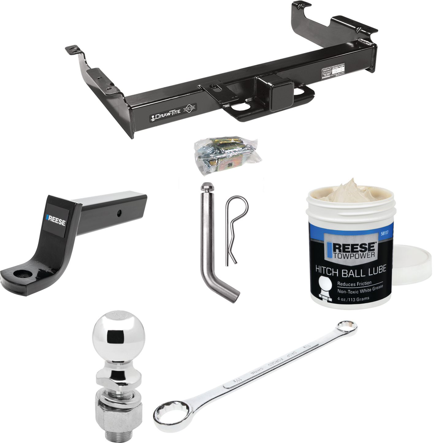 Fits 1996-2023 GMC Savana 3500 Trailer Hitch Tow PKG w/ Ball Mount w/ 5" Drop + Pin/Clip + 2-5/16" Ball + Ball Wrench + Ball Lube By Draw-Tite