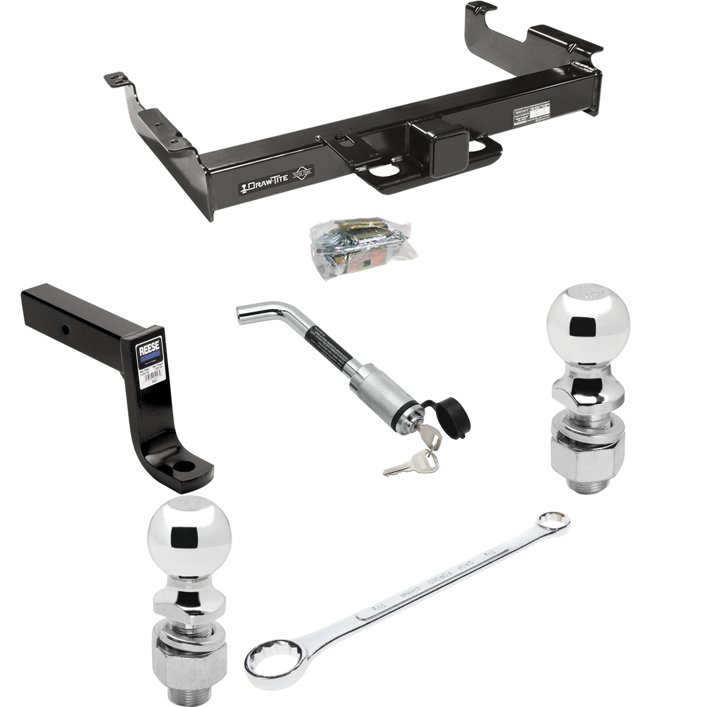 Fits 1996-2023 Chevrolet Express 3500 Trailer Hitch Tow PKG w/ Ball Mount w/ 7-3/4" Drop + Hitch Lock + 2" Ball + 2-5/16" Ball + Ball Wrench + Ball Lube By Draw-Tite