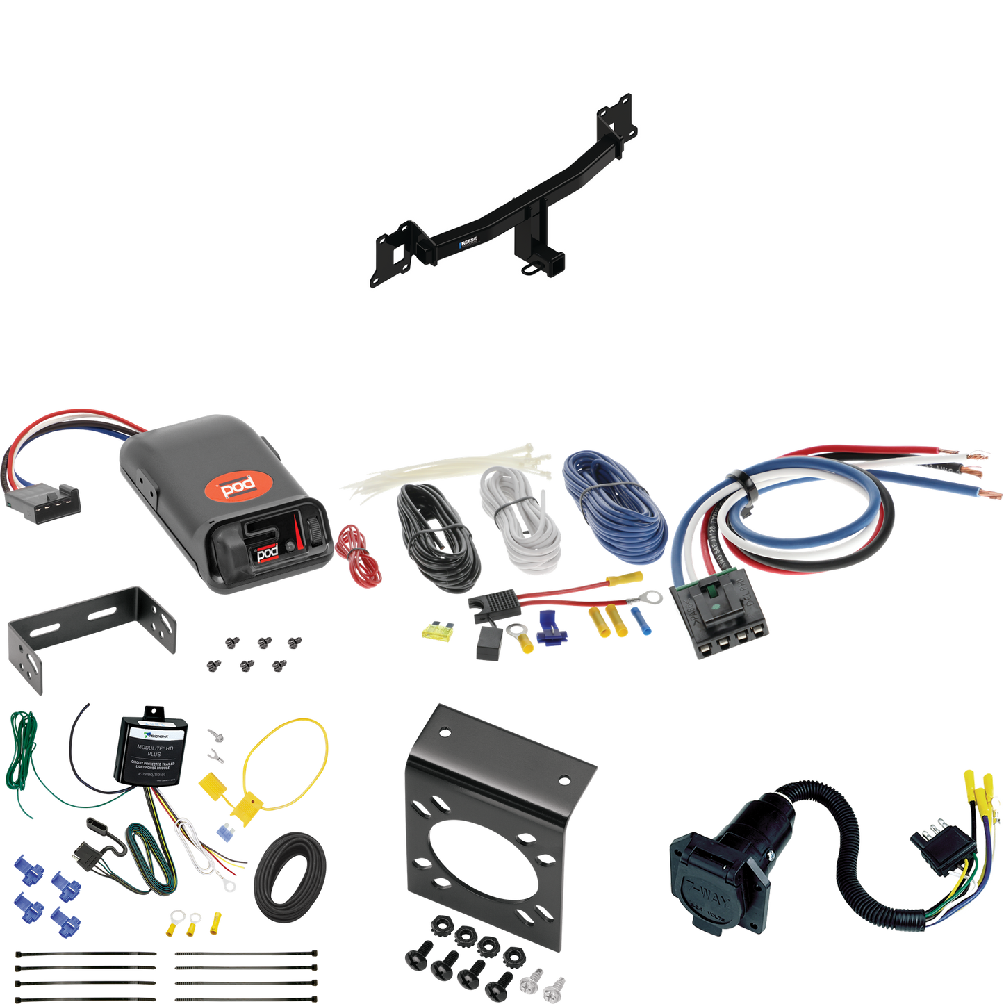 Fits 2020-2021 Land Rover Range Rover Evoque Trailer Hitch Tow PKG w/ Pro Series POD Brake Control + Generic BC Wiring Adapter + 7-Way RV Wiring By Reese Towpower