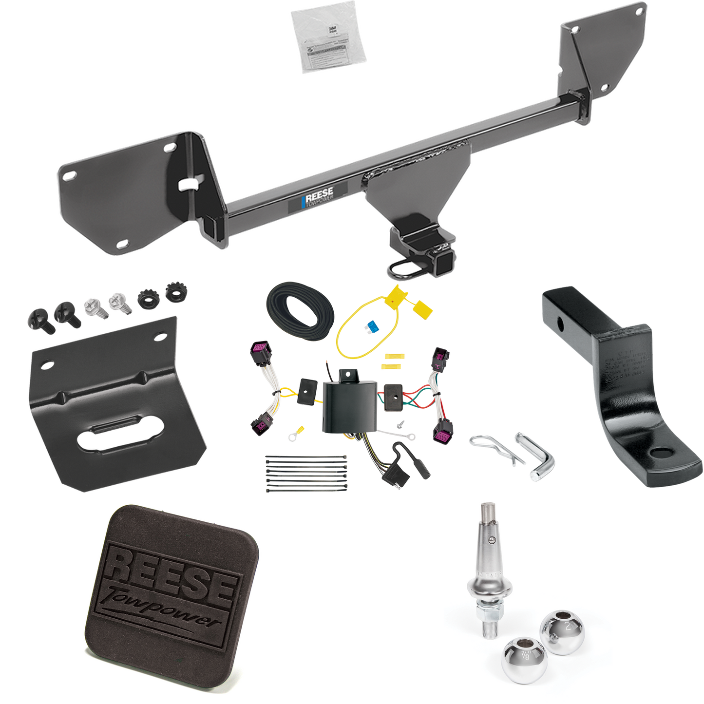 Fits 2016-2022 Chevrolet Spark Trailer Hitch Tow PKG w/ 4-Flat Wiring Harness + Draw-Bar + Interchangeable 1-7/8" & 2" Balls + Wiring Bracket + Hitch Cover By Reese Towpower