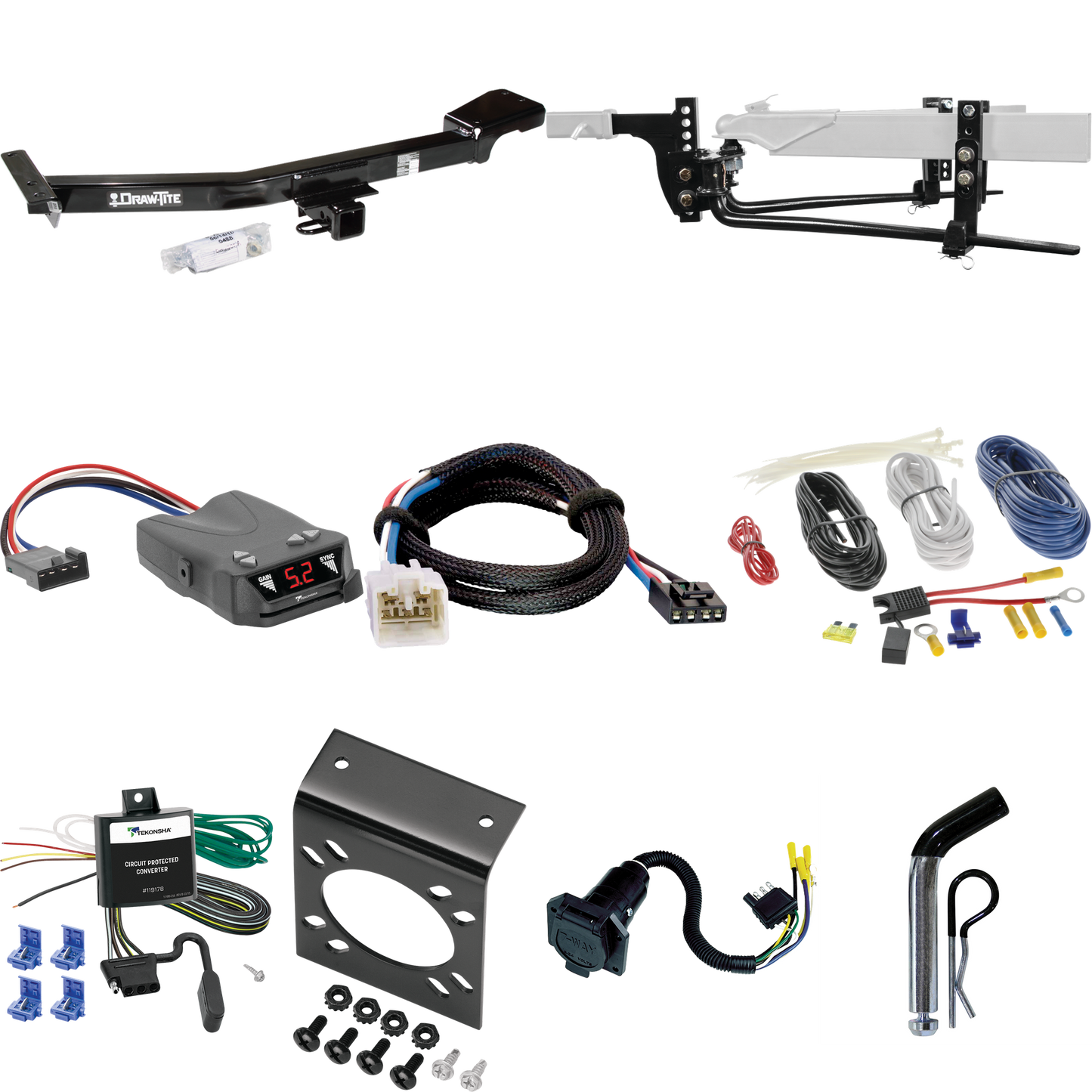 Fits 2003-2007 Lexus LX470 Trailer Hitch Tow PKG w/ 6K Round Bar Weight Distribution Hitch w/ 2-5/16" Ball + Pin/Clip + Tekonsha Brakeman IV Brake Control + Plug & Play BC Adapter + 7-Way RV Wiring By Draw-Tite