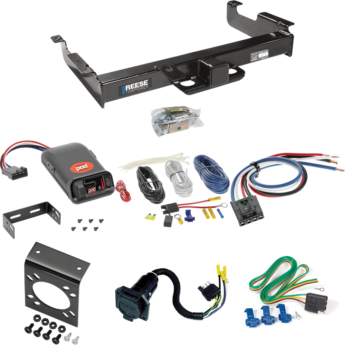 Fits 1996-1999 GMC Savana 2500 Trailer Hitch Tow PKG w/ Pro Series POD Brake Control + Generic BC Wiring Adapter + 7-Way RV Wiring By Reese Towpower