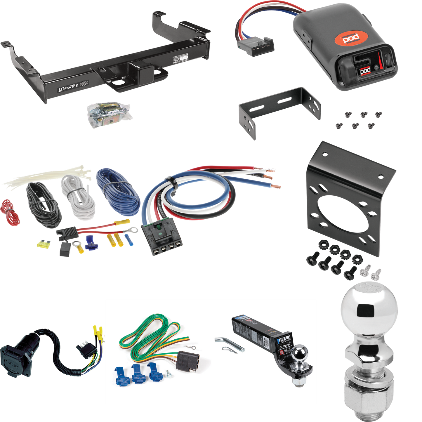 Fits 1996-1999 GMC Savana 3500 Trailer Hitch Tow PKG w/ Pro Series POD Brake Control + Generic BC Wiring Adapter + 7-Way RV Wiring + 2" & 2-5/16" Ball & Drop Mount By Draw-Tite