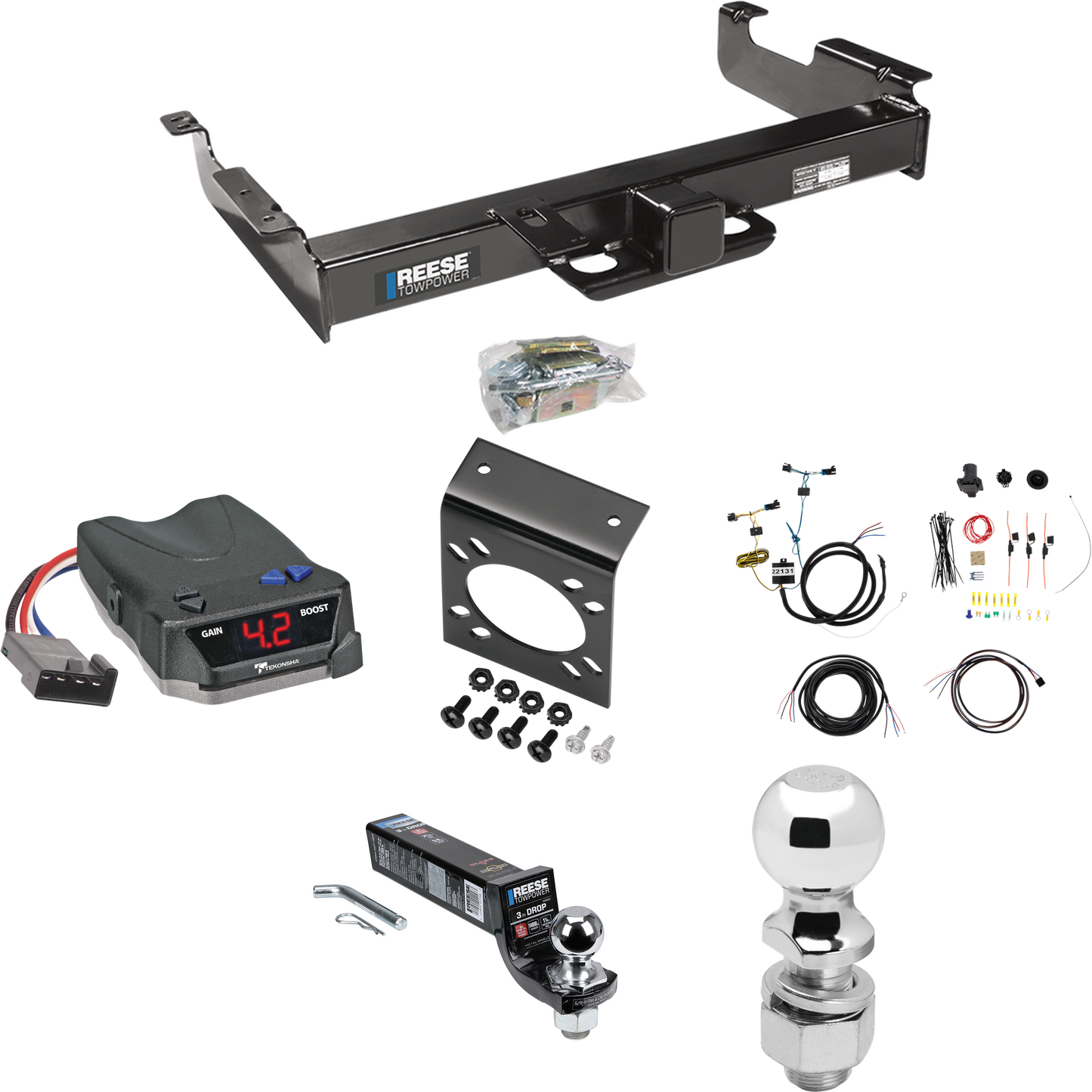 Fits 2003-2023 Chevrolet Express 3500 Trailer Hitch Tow PKG w/ Tekonsha BRAKE-EVN Brake Control + 7-Way RV Wiring + 2" & 2-5/16" Ball & Drop Mount By Reese Towpower