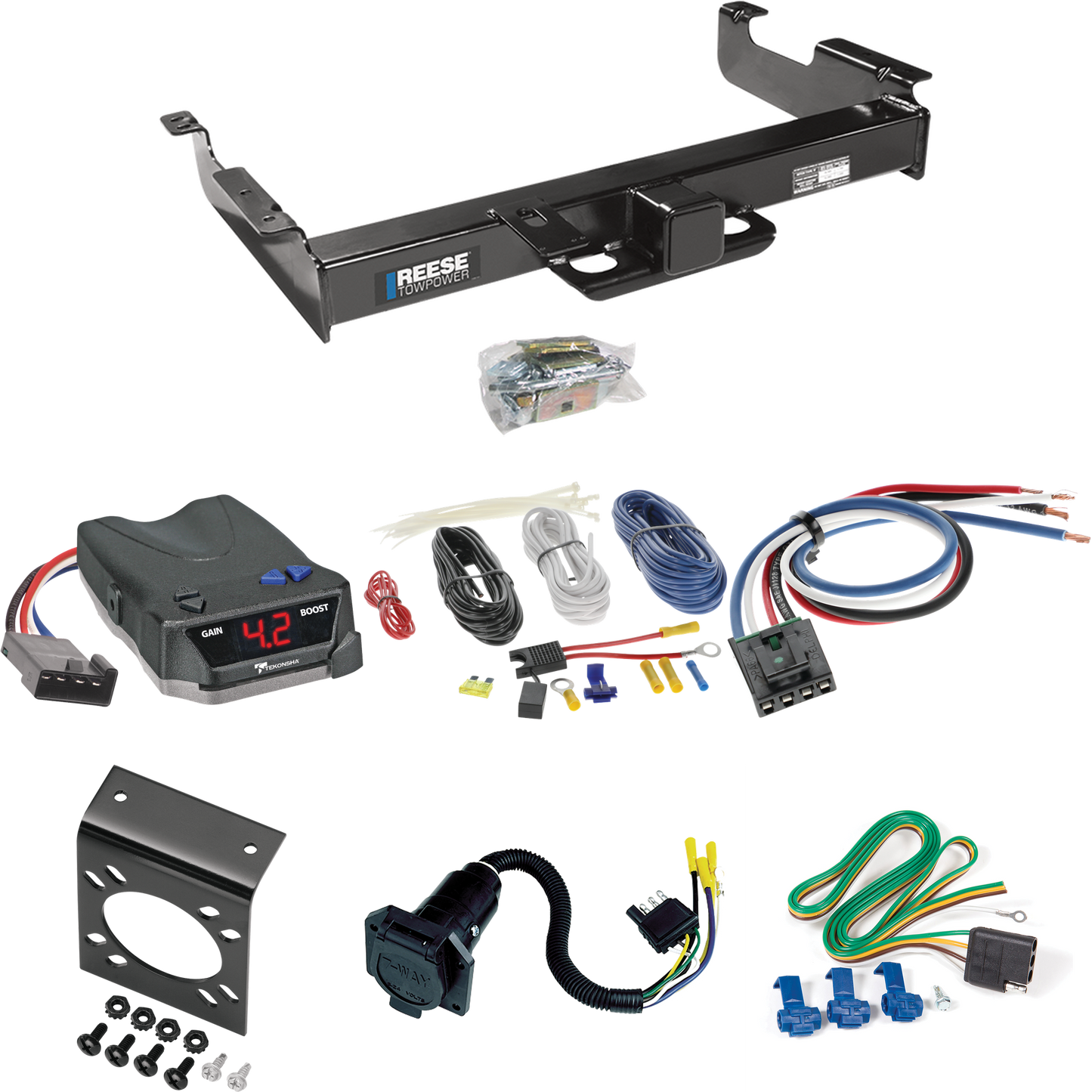 Fits 1996-1999 GMC Savana 2500 Trailer Hitch Tow PKG w/ Tekonsha BRAKE-EVN Brake Control + Generic BC Wiring Adapter + 7-Way RV Wiring By Reese Towpower