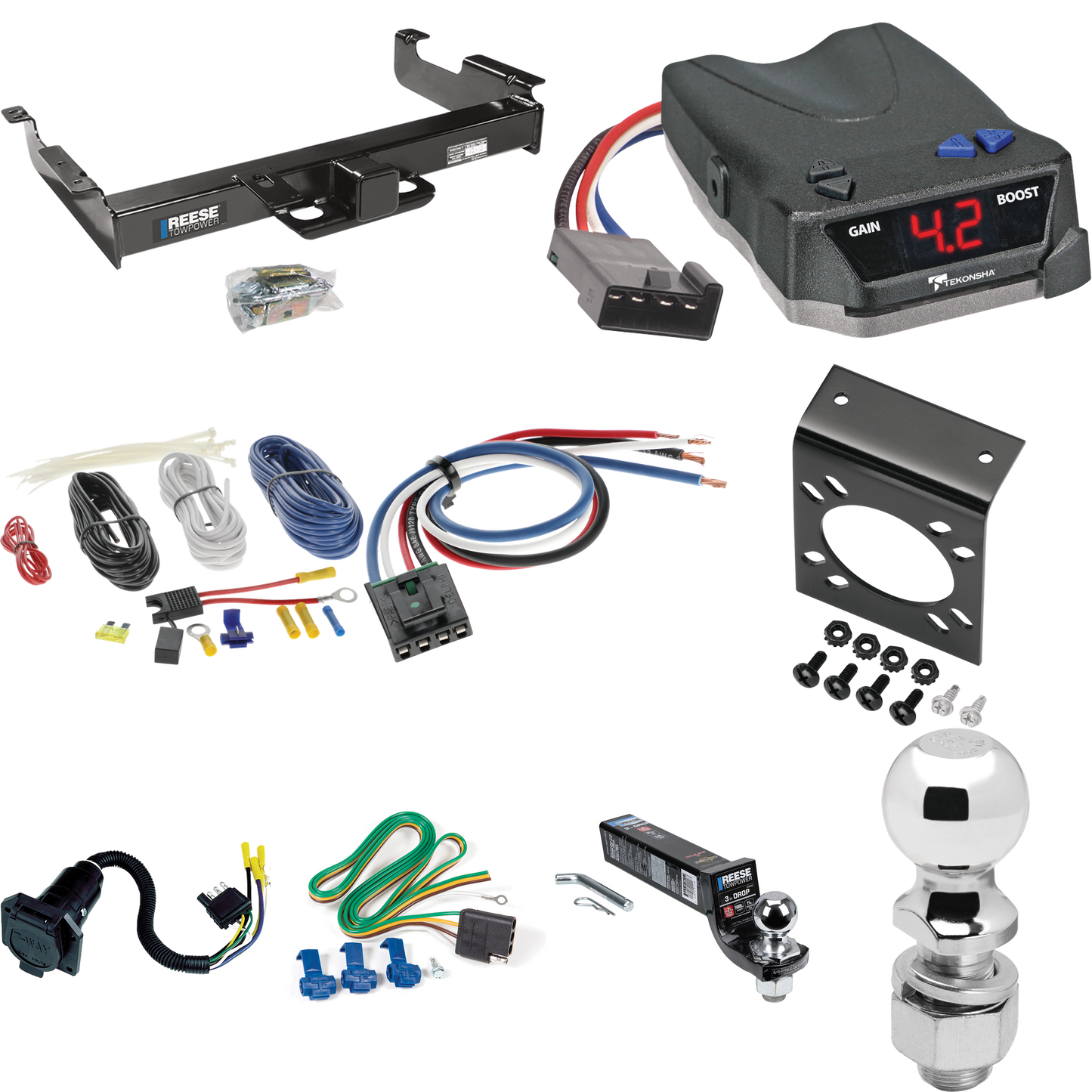 Fits 1996-1999 Chevrolet Express 3500 Trailer Hitch Tow PKG w/ Tekonsha BRAKE-EVN Brake Control + Generic BC Wiring Adapter + 7-Way RV Wiring + 2" & 2-5/16" Ball & Drop Mount By Reese Towpower