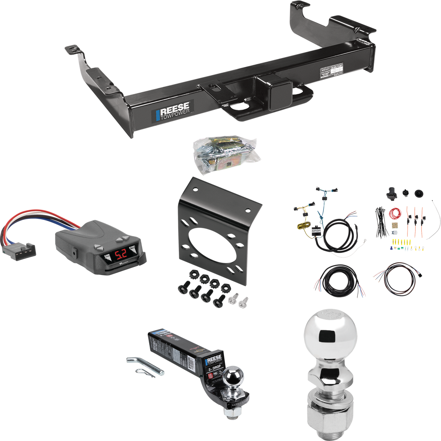 Se adapta al paquete de enganche de remolque Chevrolet Express 3500 2003-2023 con control de freno Tekonsha Brakeman IV + cableado de 7 vías para RV + soporte de bola y caída de 2" y 2-5/16" de Reese Towpower