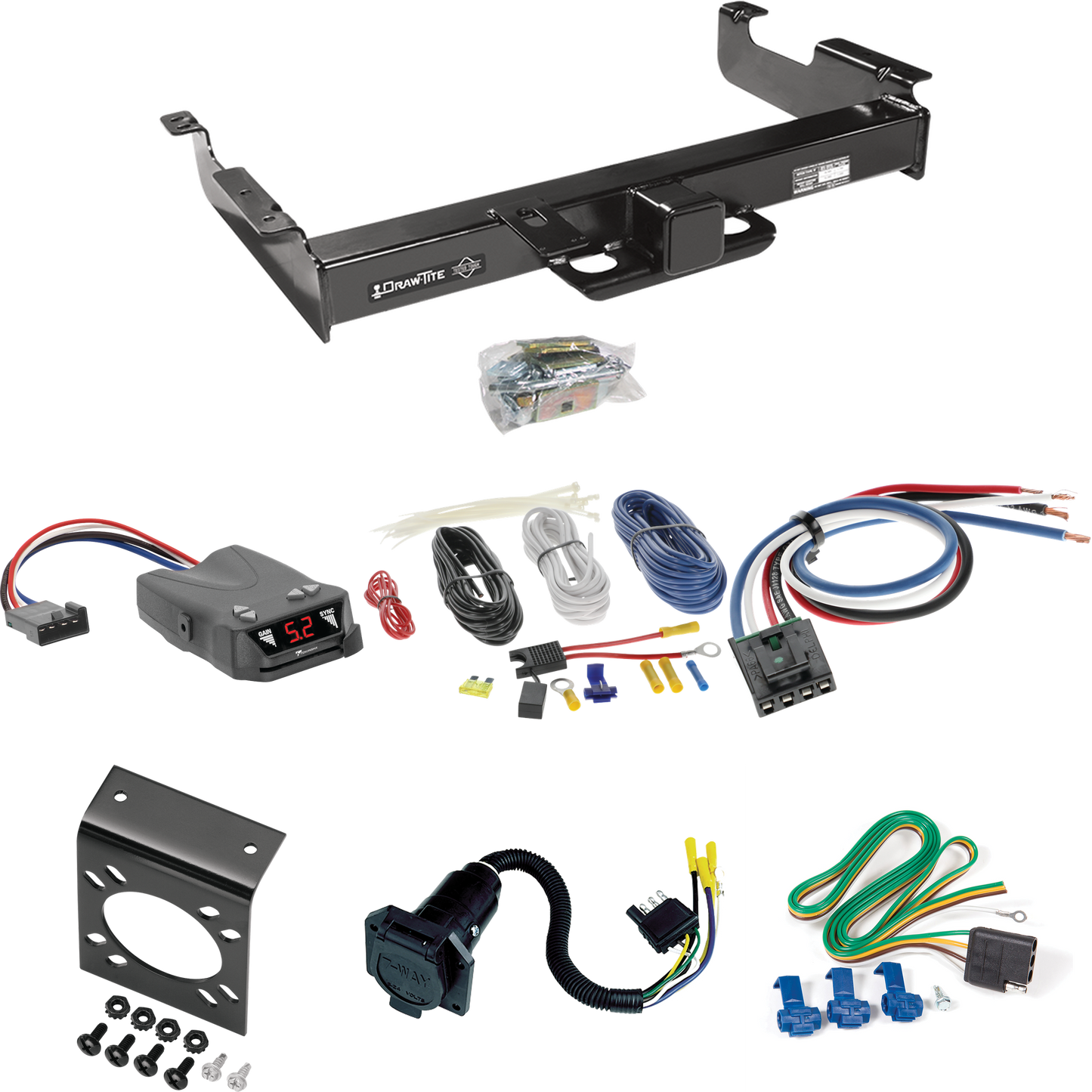 Fits 1996-1999 GMC Savana 2500 Trailer Hitch Tow PKG w/ Tekonsha Brakeman IV Brake Control + Generic BC Wiring Adapter + 7-Way RV Wiring By Draw-Tite