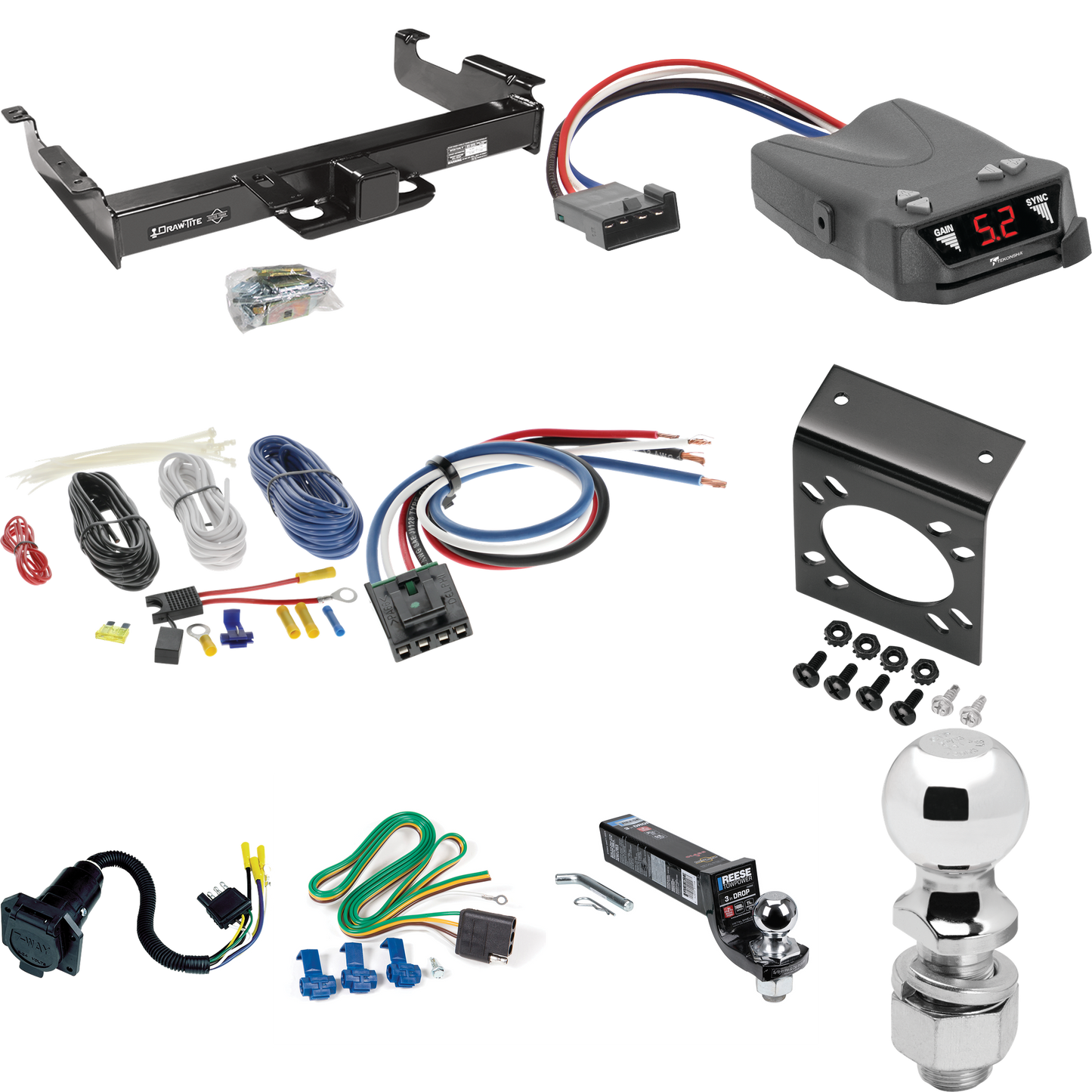 Se adapta al paquete de enganche de remolque GMC Savana 2500 1996-1999 con control de freno Tekonsha Brakeman IV + adaptador de cableado BC genérico + cableado RV de 7 vías + soporte de bola y caída de 2" y 2-5/16" de Draw-Tite