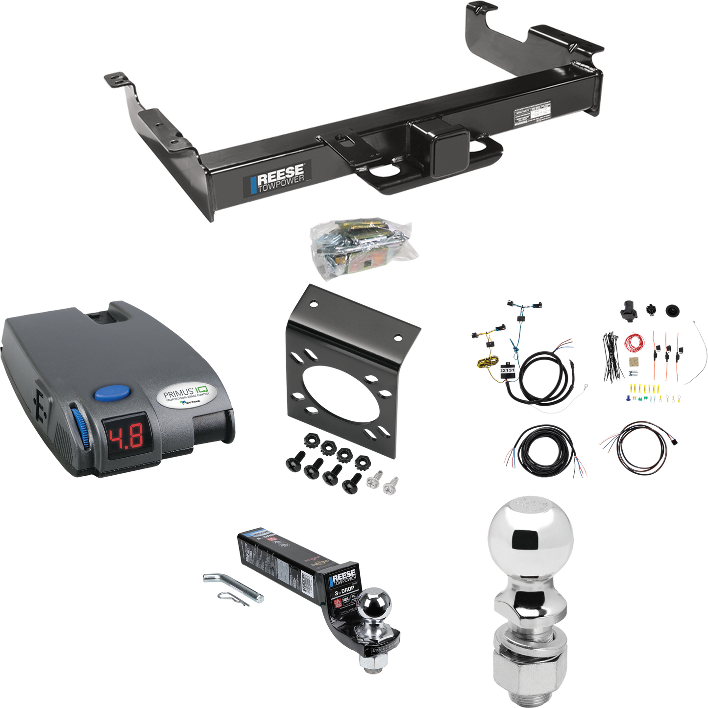 Fits 2003-2023 GMC Savana 2500 Trailer Hitch Tow PKG w/ Tekonsha Primus IQ Brake Control + 7-Way RV Wiring + 2" & 2-5/16" Ball & Drop Mount By Reese Towpower