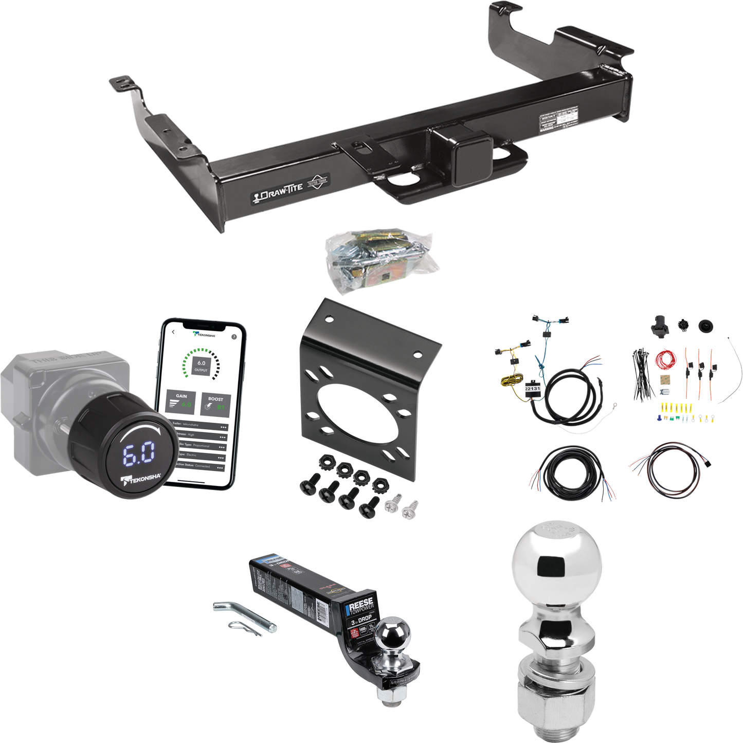 Fits 2003-2023 Chevrolet Express 2500 Trailer Hitch Tow PKG w/ Tekonsha Prodigy iD Bluetooth Wireless Brake Control + 7-Way RV Wiring + 2" & 2-5/16" Ball & Drop Mount By Draw-Tite