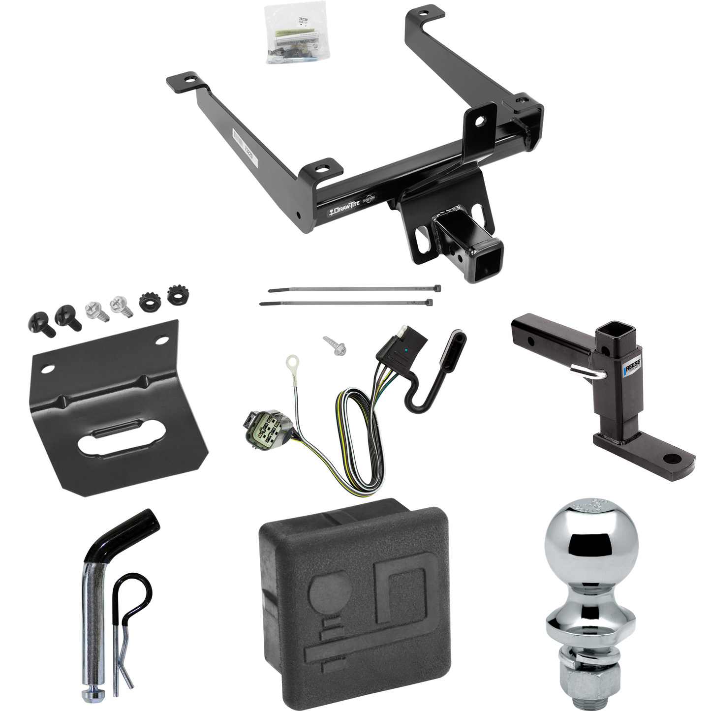 Fits 2015-2021 Land Rover Range Rover Sport Trailer Hitch Tow PKG w/ 4-Flat Wiring + Adjustable Drop Rise Ball Mount + Pin/Clip + 1-7/8" Ball + Wiring Bracket + Hitch Cover By Draw-Tite