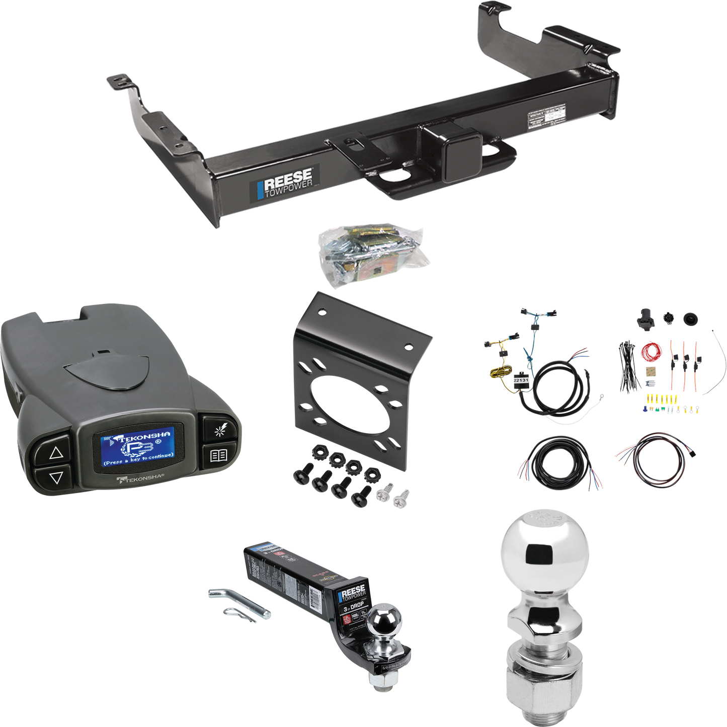 Se adapta al paquete de remolque con enganche de remolque Chevrolet Express 2500 2003-2023 con control de freno Tekonsha Prodigy P3 + cableado RV de 7 vías + soporte de bola y caída de 2" y 2-5/16" de Reese Towpower