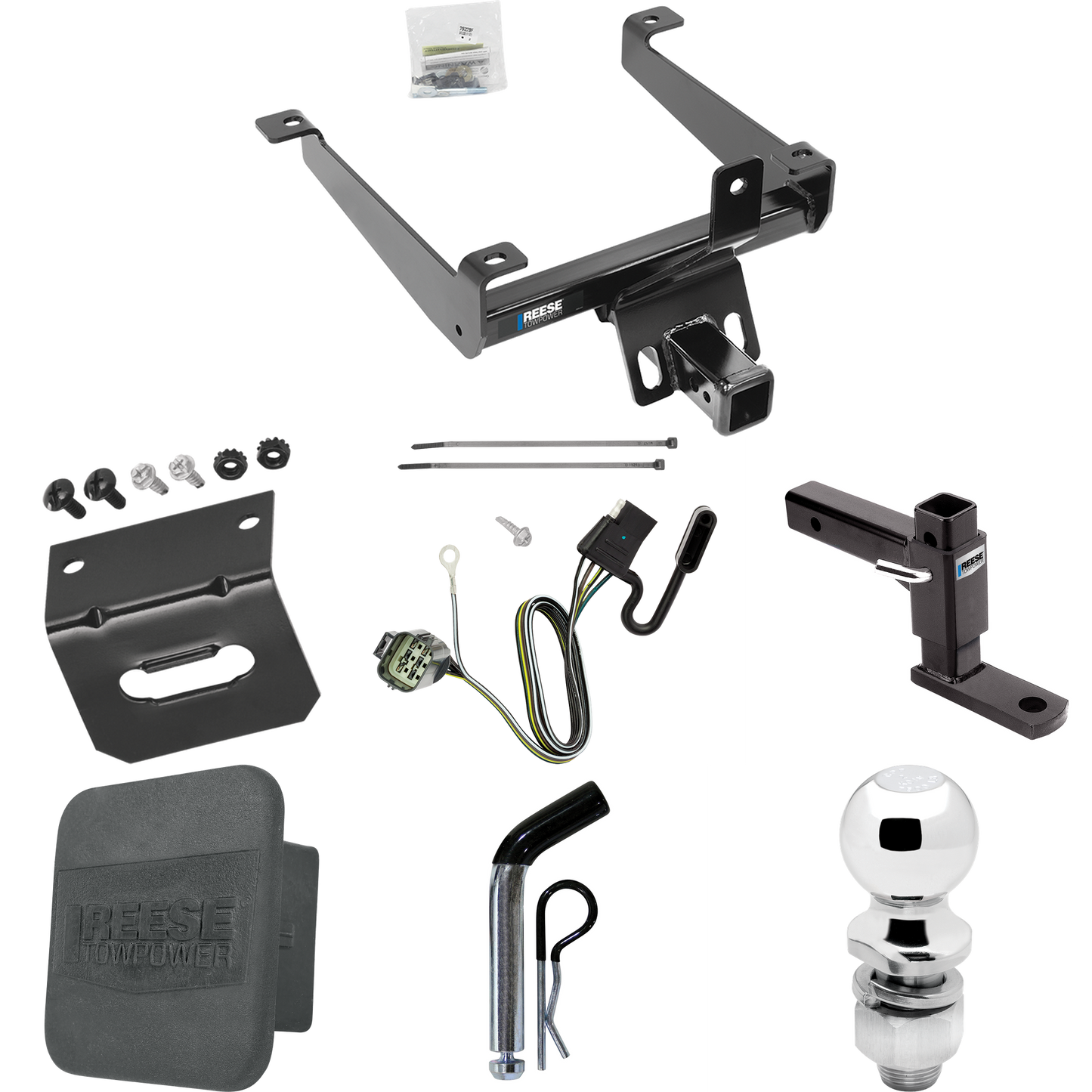 Fits 2015-2021 Land Rover Range Rover Sport Trailer Hitch Tow PKG w/ 4-Flat Wiring + Adjustable Drop Rise Ball Mount + Pin/Clip + 2" Ball + Wiring Bracket + Hitch Cover By Reese Towpower