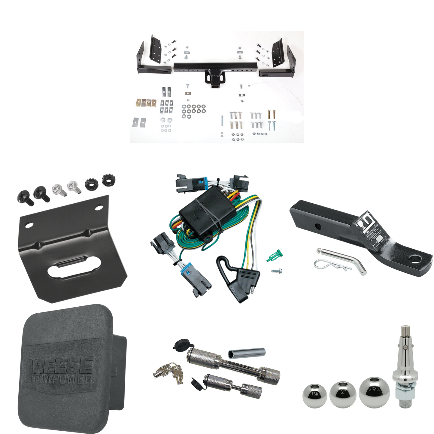 Fits 2000-2002 Chevrolet Express Van Trailer Hitch Tow PKG w/ 4-Flat Wiring + Ball Mount w/ 2" Drop + Interchangeable Ball 1-7/8" & 2" & 2-5/16" + Wiring Bracket + Dual Hitch & Coupler Locks + Hitch Cover By Reese Towpower