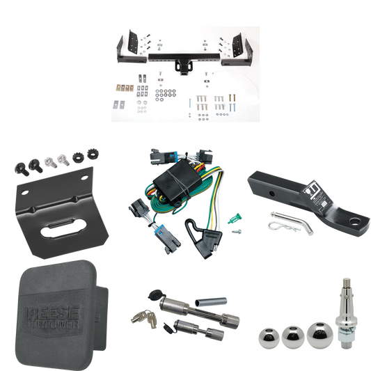 Fits 2000-2002 Chevrolet Express Van Trailer Hitch Tow PKG w/ 4-Flat Wiring + Ball Mount w/ 2" Drop + Interchangeable Ball 1-7/8" & 2" & 2-5/16" + Wiring Bracket + Dual Hitch & Coupler Locks + Hitch Cover By Reese Towpower