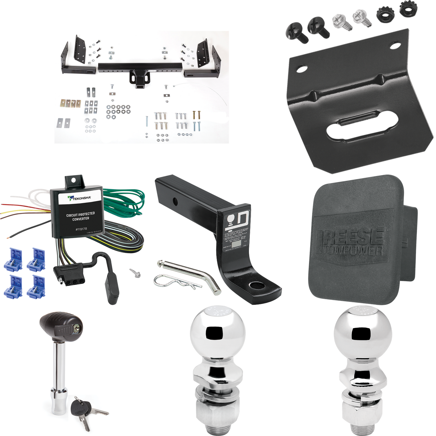 Fits 2002-2007 Jeep Liberty Trailer Hitch Tow PKG w/ 4-Flat Wiring + Ball Mount w/ 4" Drop + 2" Ball + 2-5/16" Ball + Wiring Bracket + Hitch Lock + Hitch Cover By Reese Towpower