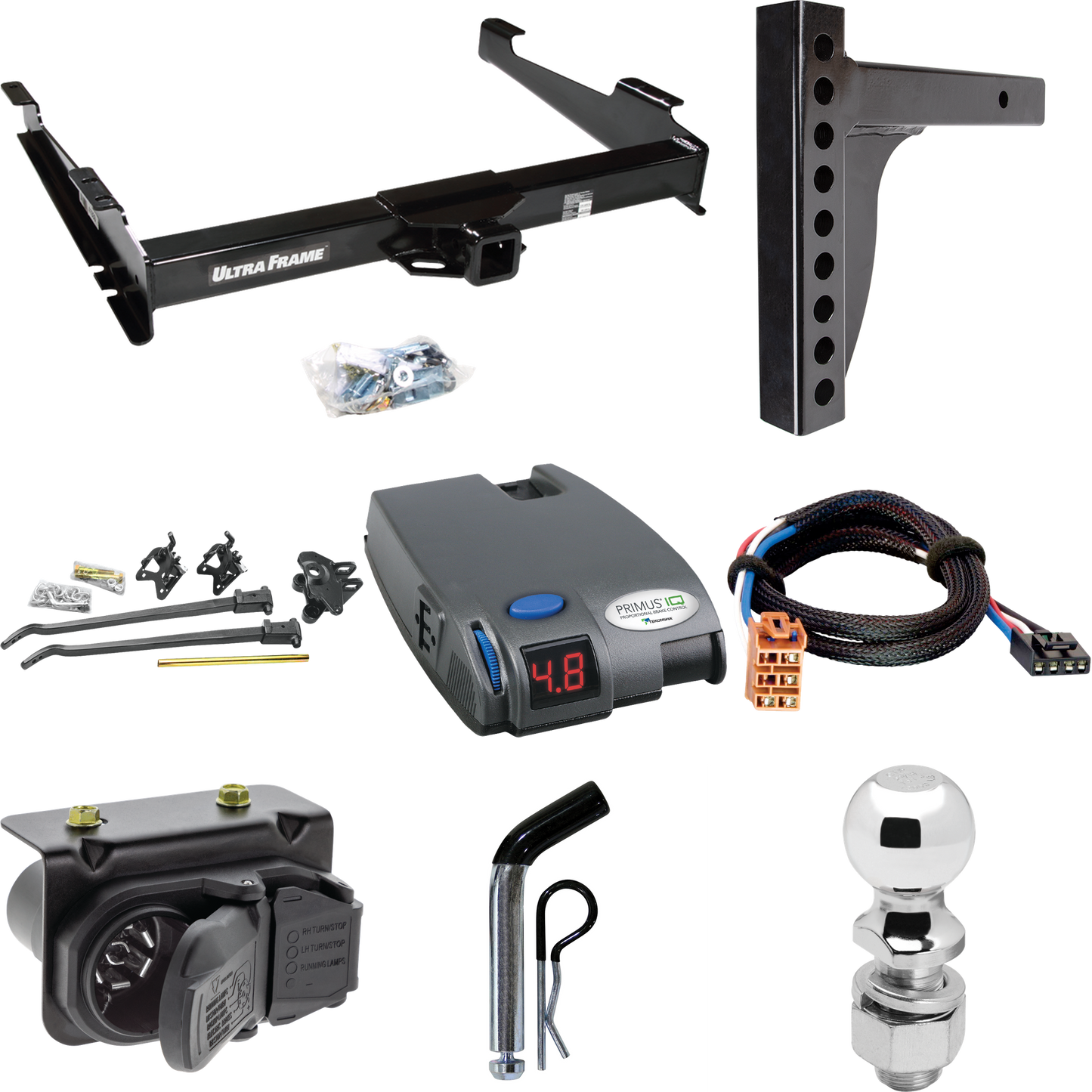 Fits 2003-2006 GMC Yukon XL 1500 Trailer Hitch Tow PKG w/ 12K Trunnion Bar Weight Distribution Hitch + Pin/Clip + 2-5/16" Ball + Tekonsha Primus IQ Brake Control + Plug & Play BC Adapter + 7-Way RV Wiring By Draw-Tite